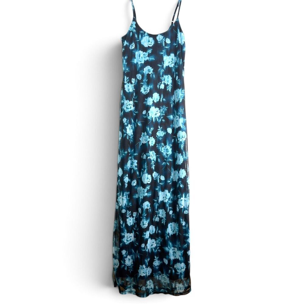 blue floral mesh maxi dress sz s sheer overlay spaghetti strap y2k fairy grunge